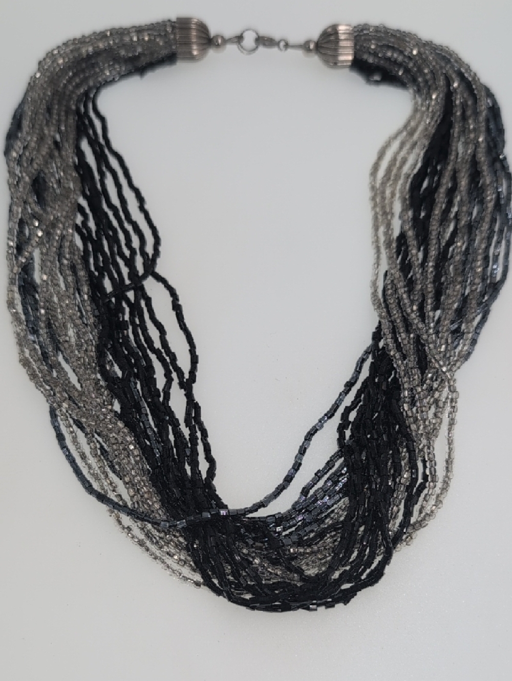 Elegant Multi-Strand Seed Bead Necklace - Black & Silver Tone cns - Picture 5 of 10